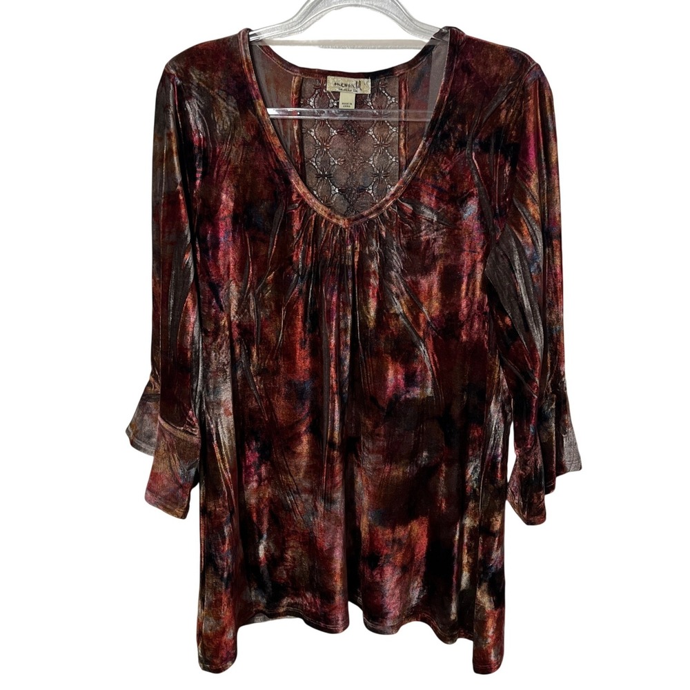 One World Velvet Tunic Women Large Multicolor Lace Back Bell‎ Sleeve Tie Dye